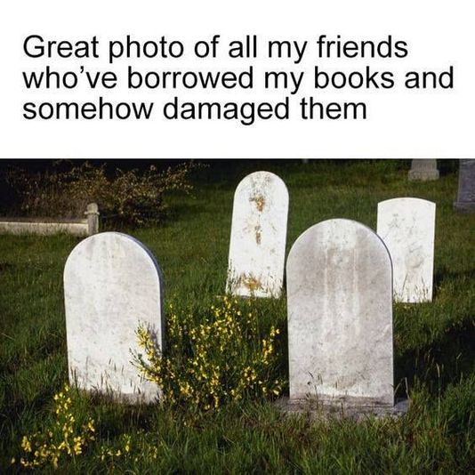 Caption says Great photo of all my friends who've borrowed my books and somehow damaged them over picture of gravestones