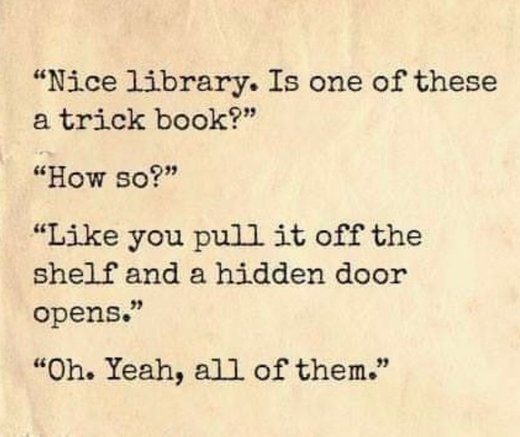 Nice library. Is one of these a Trick book? How so? Like you pull it off the shelf and a hidden door opens. Oh. Yeah, all of them.