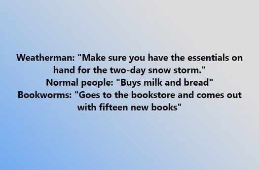 An image of text that says 'Weatherman: "Make sure you have the essentials on hand for the two-day snow storm." Normal people: "Buys milk and bread" Bookworms: "Goes to the bookstore and comes out with fifteen new books"'