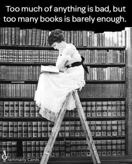 Woman sitting atop a ladder in front of a full bookshelf while reading with the text 'Too much of anything is bad, but too many books is barely enough.' 