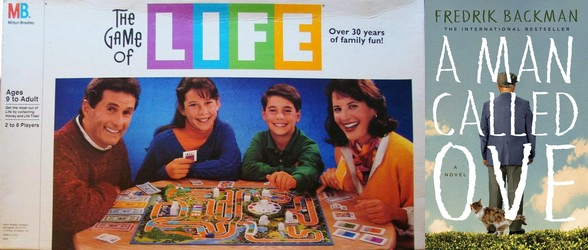The cover of Life boardgame and the cover of A Man Called Ove by Fredrik Backman