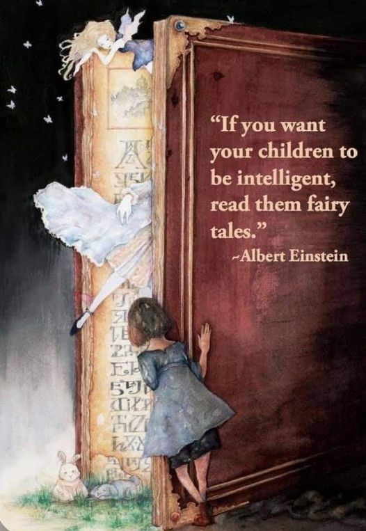 A young girl looking into an oversized book with animals and fairies resting around it with the words 'If you want your children to be intelligent, read them fairy tales. - Albert Einstein'