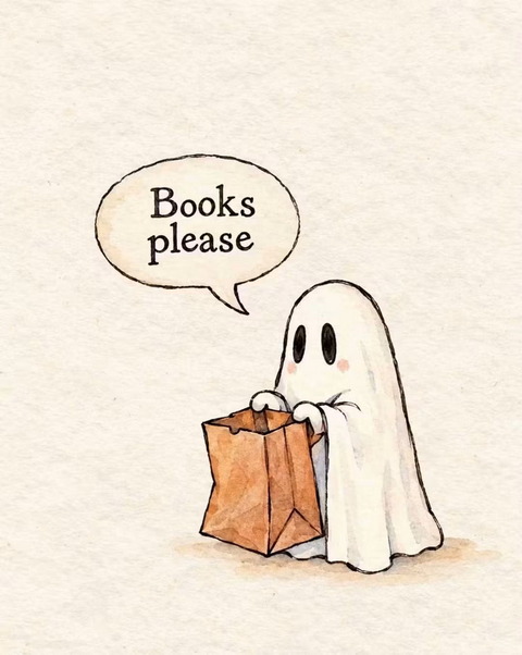 an image of someone in a sheet with two eyeholes cut out for a ghost costume holding a bag paper bag asking 'Books Please'