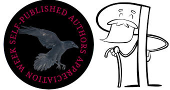 Self-Published Authors Appreciation Week circle logo and the Irresponsible Reader Grandpappy's Corner Pilcrow (an older looking anthropomorphized pilcrow) in front of an open book