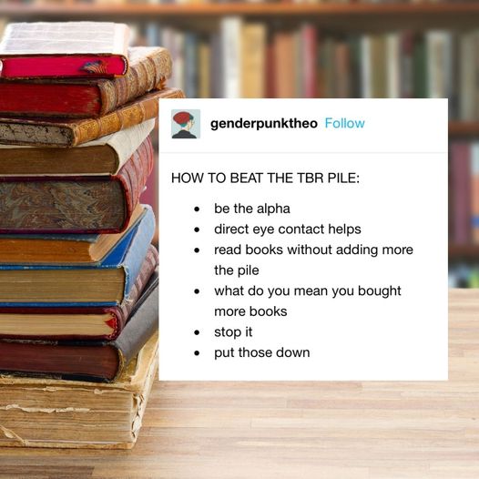 'HOW TO BEAT THE TBR PILE: be the alpha, direct eye contact helps, read books without adding more the pile, what doyou mean you bought more books, stop it, put those down' genderpunktheo'