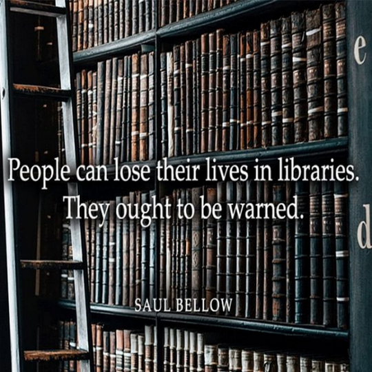superimposed over an images of loaded bookshelves are the words 'People can lose their lives in libraries. They ought to be warned. - Saul Bellow'