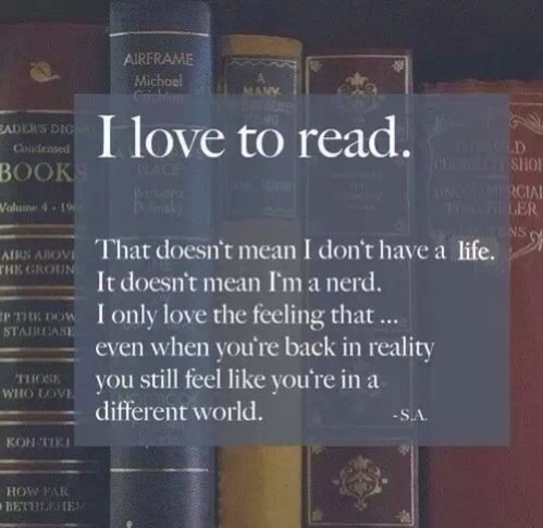 I love to read. That doesn't mean I don't have a life. It doesn't mean I'm a nerd. I only love the feeling that...even when you're back in reality you still feel like you're in a different world. - S.A.
